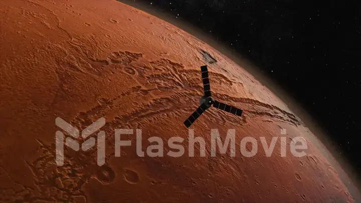 Cosmos concept. A space satellite flies over the red planet. Mars. 3d Illustration