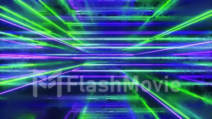 Abstract background, moving neon rays, luminous lines inside the metallic scratched room, fluorescent ultraviolet light, blue green violet spectrum, 3d illustration