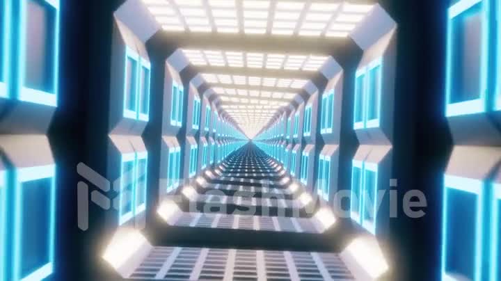 Flying through glowing spinning neon squares creating a tunnel, blue red pink violet spectrum, fluorescent ultraviolet light, modern colorful lighting, 4k loop animation