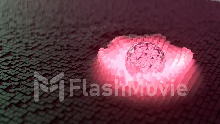A crystal pink neon sphere rolls on a dynamic surface made up of small magnetic squares. Waves. Drawing on the sphere