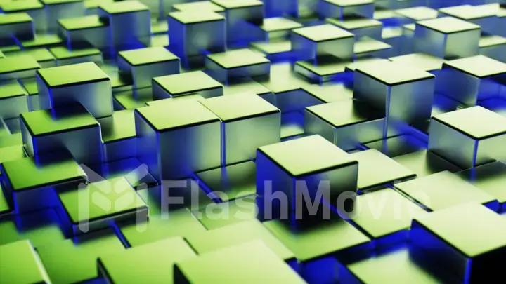 Abstract blue green metallic background from cubes. Wall of a metal cube. 3d illustration