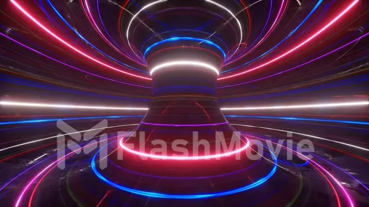 Abstract futuristic neon background with rotating glowing lines, speed of light, ultraviolet rays, twisted electromagnetic vortex. 3d illustration