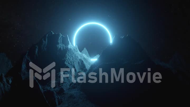 Beautiful minimalistic fantastic landscape. Bright blue neon circle among the mountains against the background of a rotating night starry sky. Seamless loop 3d render