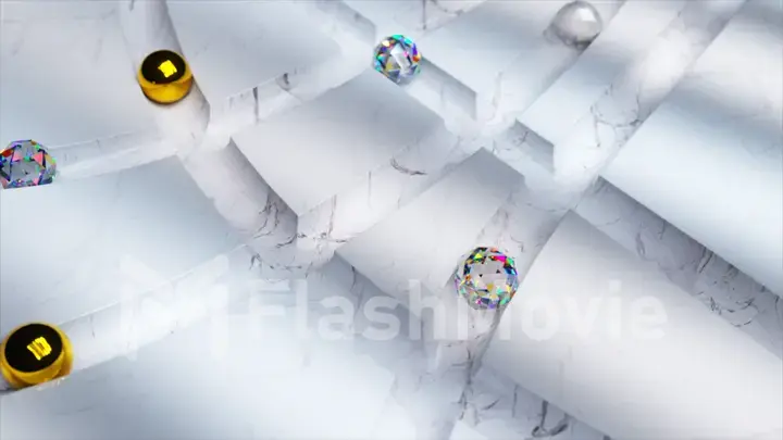 Diamond and gold and glass balls roll through the white marble labyrinth. 3d Illustration