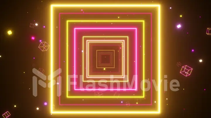 An endless tunnel of luminous multicolored neon squares for music videos, night clubs, LED screens, projection show. Modern ultraviolet blue purple light spectrum. 3d illustration