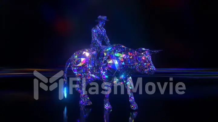 Diamond collection. Cowboy riding a bull. Nature and animals concept. 3d illustration