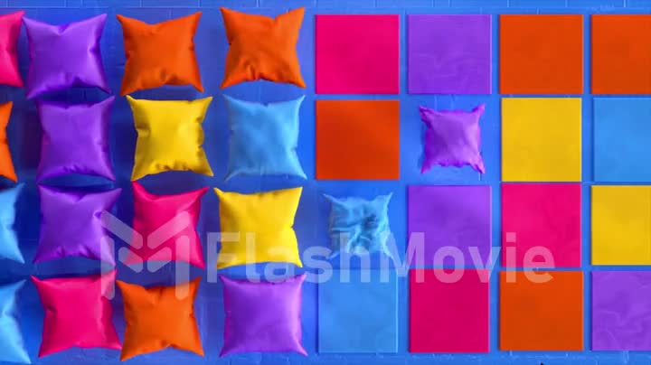 Abstract concept. Colored fabric squares turn into pillows. Video game. Purple, green, sand color. 3d animation