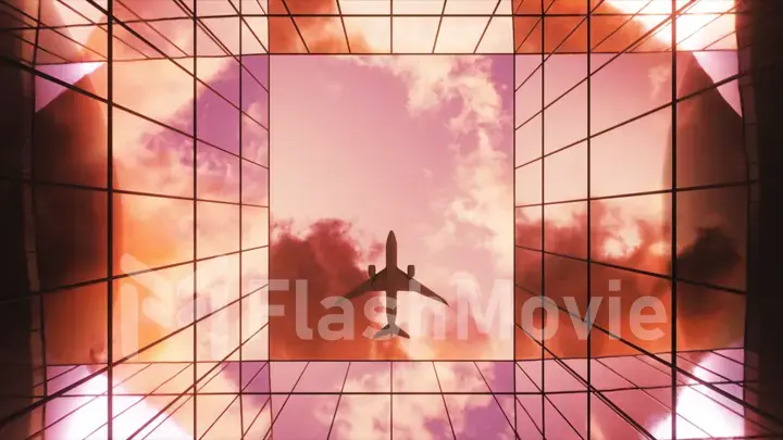 Passenger plane flying in the sky with clouds over a modern glass building at sunset. Bottom view. Travel concept. 3d illustration