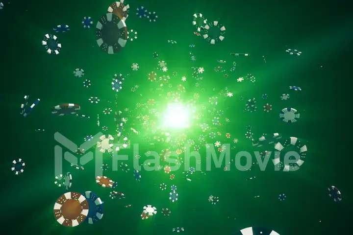 Flying casino chips in camera with rays of light on a colorful background 3d illustration