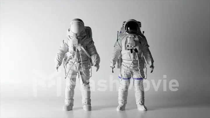 Two astronauts in white spacesuits stand on a white background. Lighting is changing. Black and white helmet.