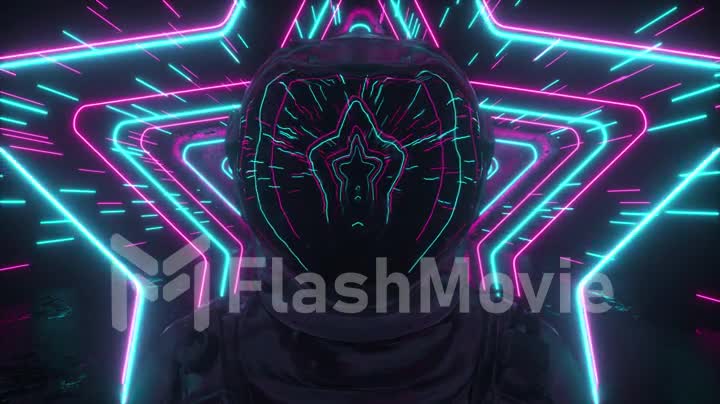 An endless neon tunnel of stars moves along the astronaut. Bright space concept. Reflections in the helmet. 3d animation of seamless loop