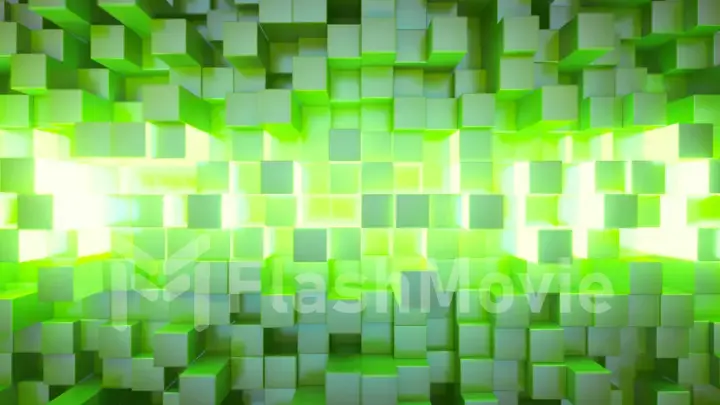 Abstract technology background for business presentations. Randomly moving cubes. Bright neon glow in the middle. 3d illustration