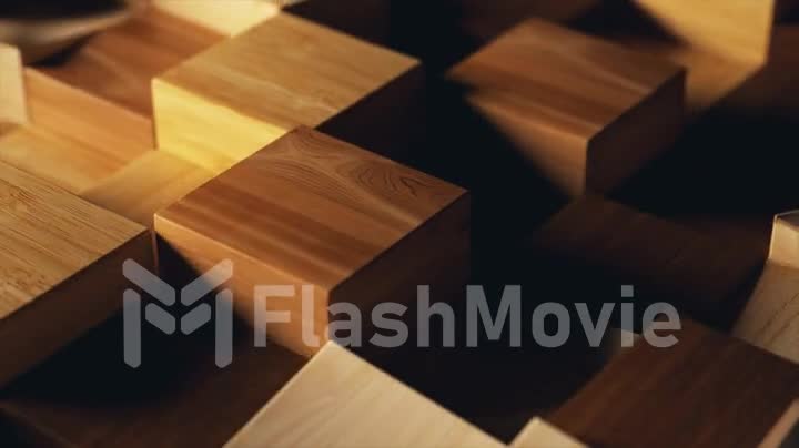 Wooden square figures randomly rise and fall. Shadow. Close-up. Dynamic geometric objects. Steps. Lighting
