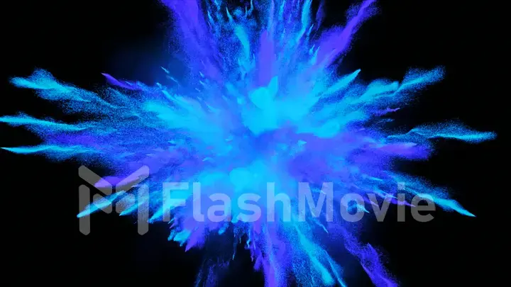 CG 3d illustration of powder explosion with blue and violet colors on black background. Slow motion movement with acceleration in the beginning