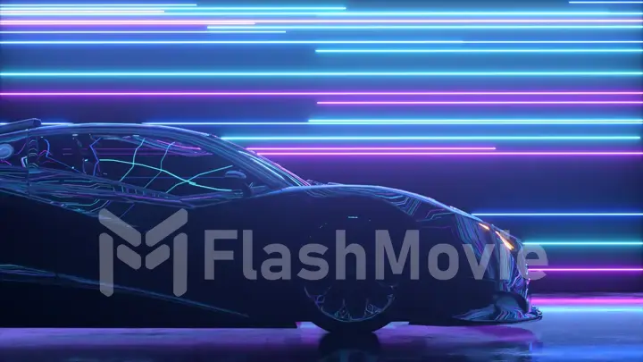 Futuristic concept. Sports car on the background of glowing neon lines. Blue purple color. 3d Illustration