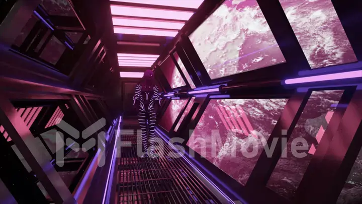 An alien in a neon shiny suit is walking through the tunnel in a spaceship. View from the window on the planet. Neon