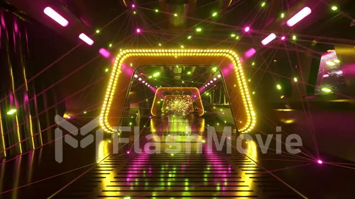 Sci-fi tunnel in outer space with neon light. Planet Earth outside the window of the spaceship. Network connections and data flow. Space technology concept. 3d illustration