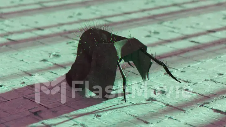 A scary hairy spider in a dark robe stalks the gray tiles. Green neon glowing dots. Disguise. 3d illustration