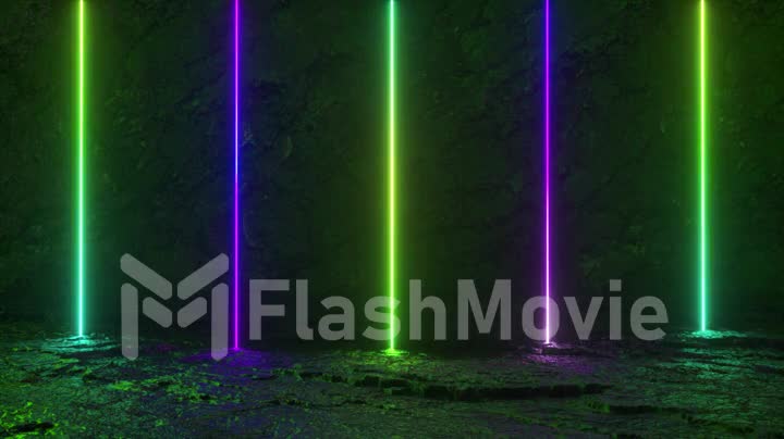 Vertical luminous lines, ultraviolet spectrum, green neon lights, laser show, nightclub, equalizer, abstract fluorescent background, optical illusion, virtual reality. Seamless loop