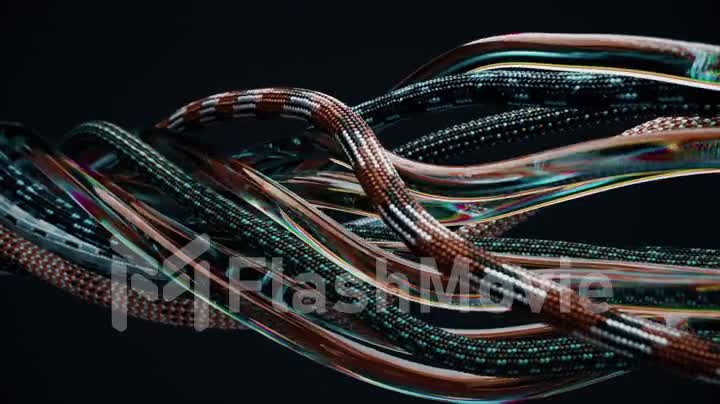 Tangled wires, ropes and transparent tubes move randomly on a black background. Knot, ligament, twisted. 3d animation.