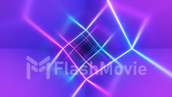 Endless flight in the corridor with a laser neon curve. Modern ultraviolet lighting. Blue purple light spectrum. 3d illustration