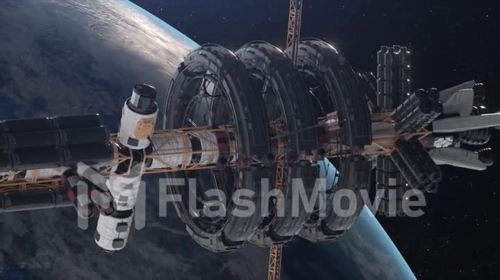 Space station in Earth orbit. ISS. NASA. Space conquest. A view of the Earth and a spaceship. 3d animation