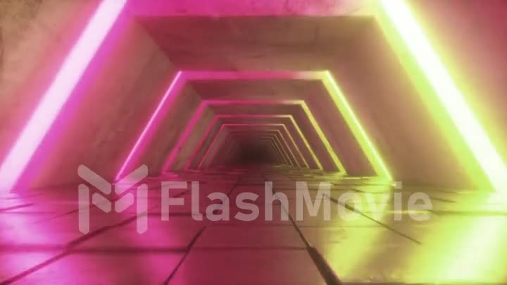 Flying in futuristic tunnel with fluorescent ultraviolet lights