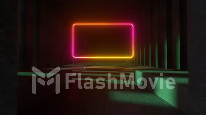 Bright neon frame in the middle of a stone concrete museum. Copy space. Modern light spectrum. Architectural neon animation background 3d illustration