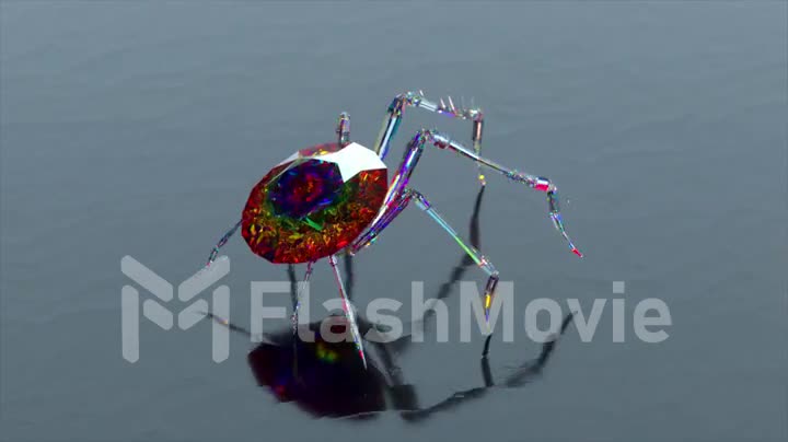 Diamond spider close-up. Body made of large diamond stone. Ruby. Walking. Diamond spider legs. Abstract background.