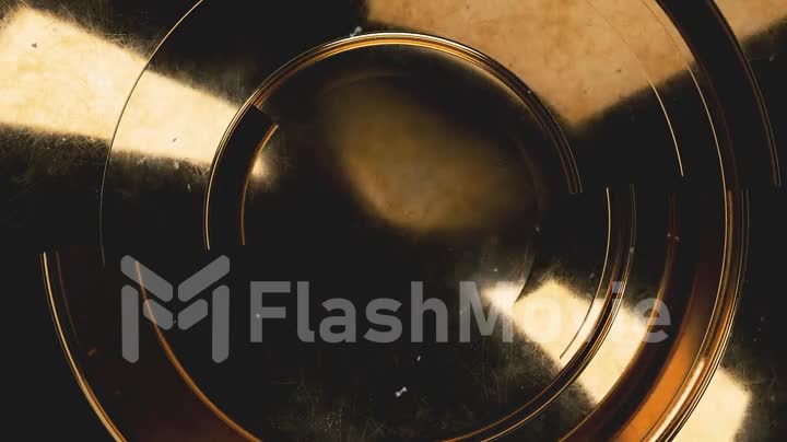 Golden modern business video background. 3D texture animation with rotating parts of a circle. Spiral scratched surface concept. 3D rendering of a seamless loop