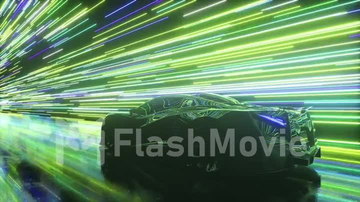 Futuristic concept. Sports car on the background of glowing neon lines. Blue green color. 3d animation of seamless loop