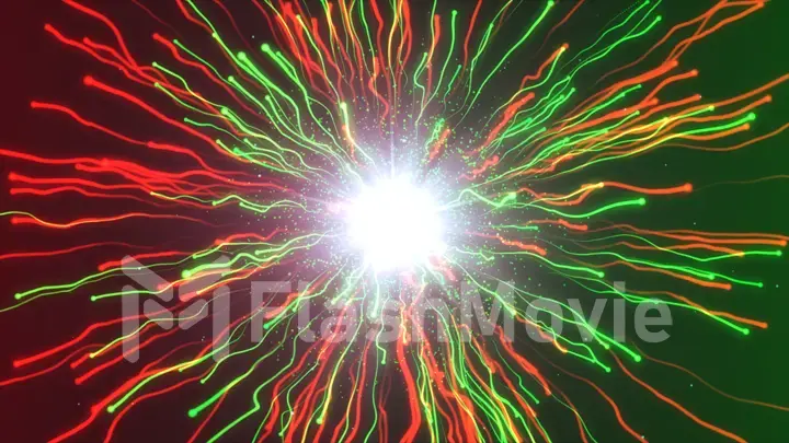 A large explosion of multi-colored particles under a microscope