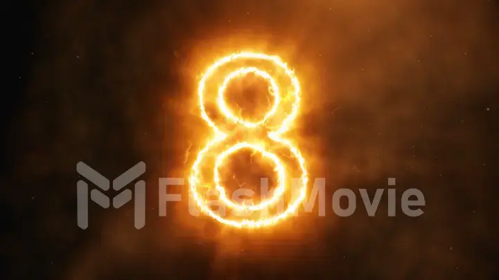 Realistic fire countdown with smoke and cloud. The fire counts from ten to zero. Abstract epic counter 3d illustration. Number 8