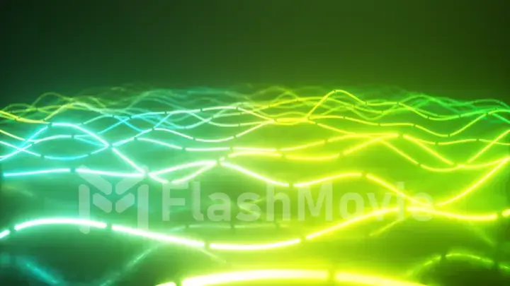 Futuristic neon glowing surface made of bright lines. Abstract motion background. Ultraviolet signal spectrum, laser show, energy, sound vibrations and waves. 3d illustration