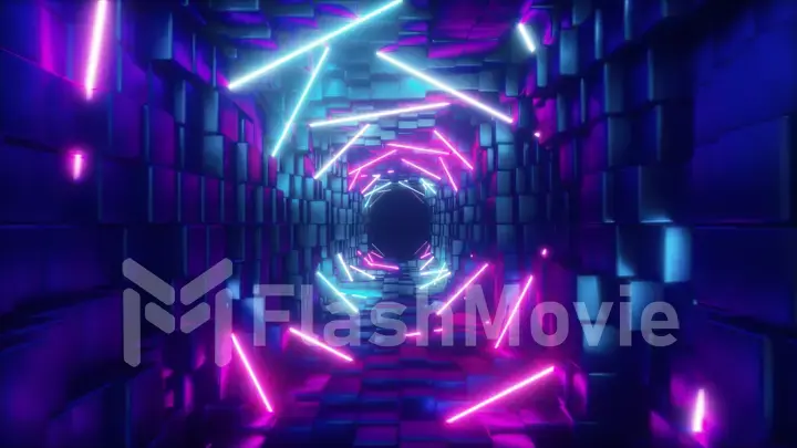 Abstract flying in futuristic corridor, fluorescent ultraviolet light, glowing colorful laser neon lines, geometric endless tunnel, blue pink spectrum, 3d illustration
