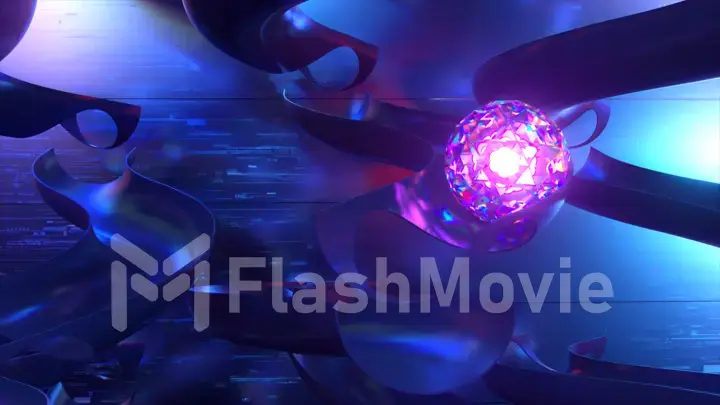 Shiny diamond sphere in a futuristic vertical maze. Blue color. 3d Illustration