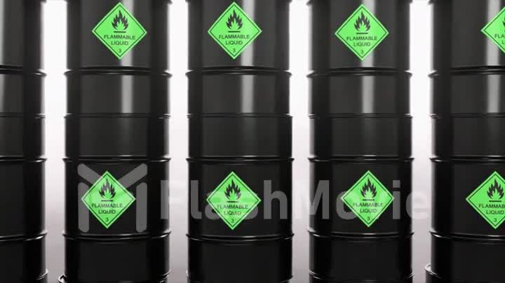 Black barrels of biological agents. Endless tape. Stock. Flammable toxic waste. Pollution. 3d animation