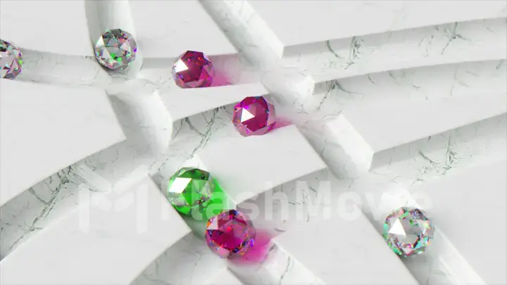 Colored diamond balls roll across the white marble labyrinth. Green, purple sphere. 3d Illustration