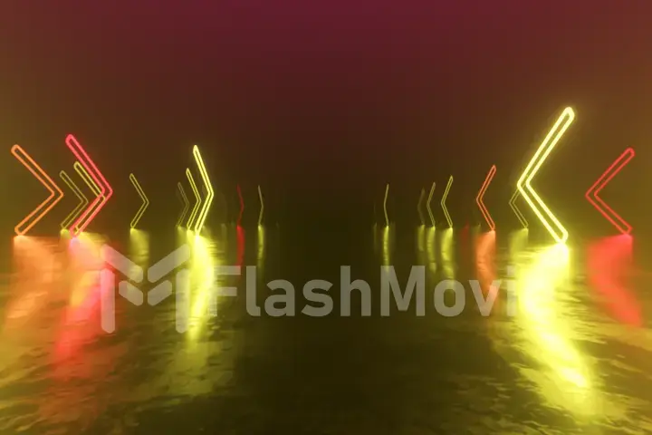 Fast flight in space with the direction of movement of the neon arrows. Abstract laser background. 3d illustration