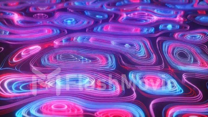 Abstract neon background of topographic map concept. Contour map. Valleys and mountains. Geography concept. Wavy backdrop. Space surface. magic neon light curved swirl line. Seamless loop 3d render