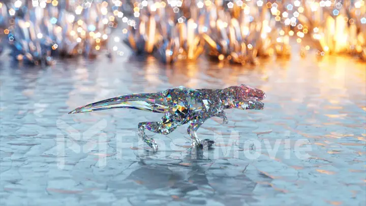 Abstract concept. Diamond dinosaur on a shiny surface on a background of precious stones. Sparks, shine.