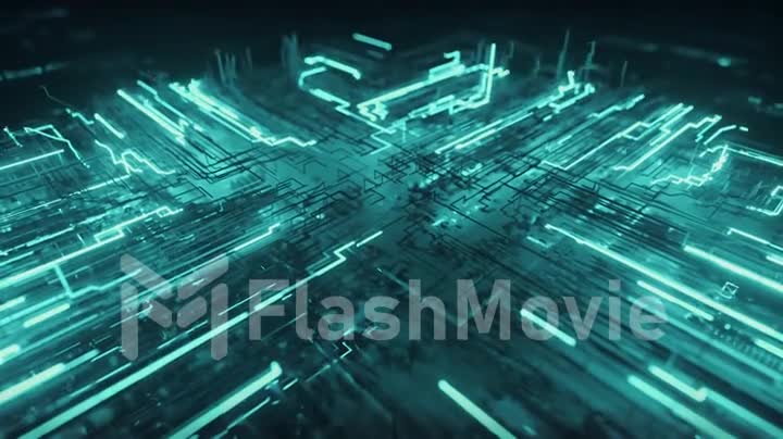 Abstract technological background from a fiber optic glowing beam spreading in the digital space. Data transmission in the futuristic industry. Colorful blue digitalization process. 3d animation