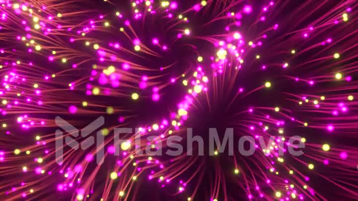 Fiber optic wires with flashing signals. Digital data transmission via fiber optic cable. Top view of colored optical fibers with bokeh. Technology concept. Seamless loop 3d render
