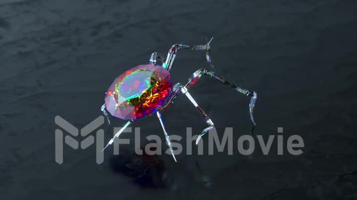 Abstract concept. A glass spider with a large colored diamond on its back walks. 3D animation of a seamless loop.