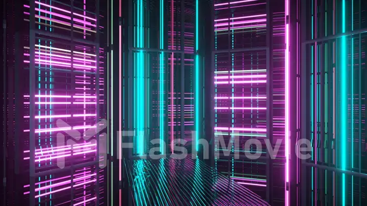 Bright neon lights in a metal room. Modern fluorescent light. Blue violet neon spectrum. 3d illustration