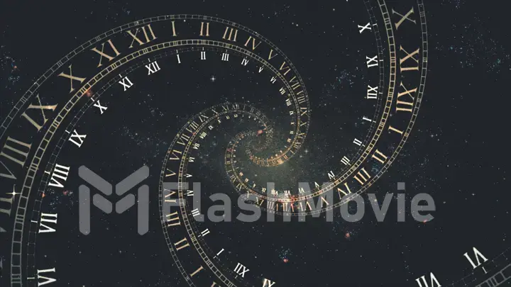 The composition of the space of time, the flight in space in a spiral of Roman clocks 3d illustration