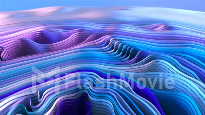 Waves of striped blue white fabric. Drapery. Living folds on the fabric move in waves. 3d illustration