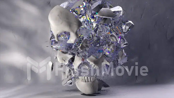 Abstract concept. The white skull shatters into many diamond shards. Slow motion. White background.