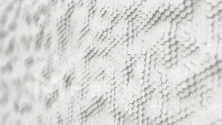 Abstract white minimalistic background made of plastic hexagons with shallow depth of field. Light minimal hexagonal grid pattern animation in modern clean white. 3d illustration