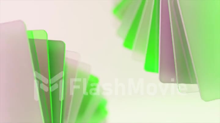 Colored cards are revealed in the corners. Card fan. Insert. Green, pink color, transparent color. 3d animation